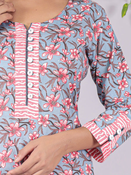 Grey Printed Cotton Kurta Set