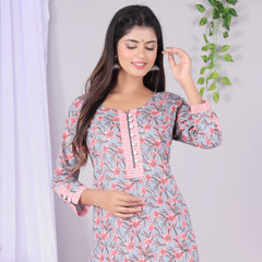 Grey Printed Cotton Kurta Set
