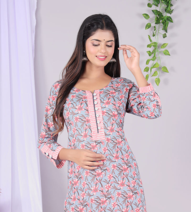 Grey Printed Cotton Kurta Set
