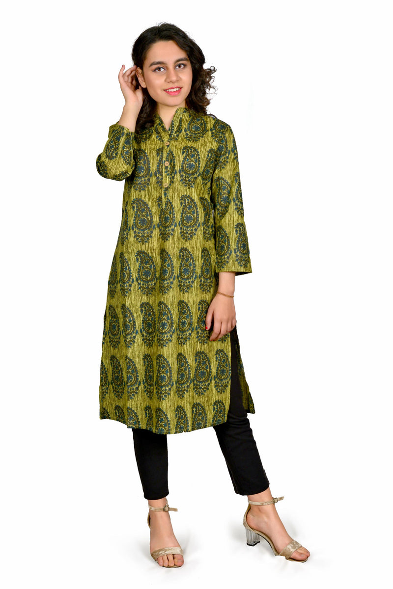 Green Printed Cotton Long Kurta for Women