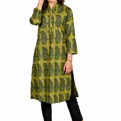 Green Printed Cotton Long Kurta for Women