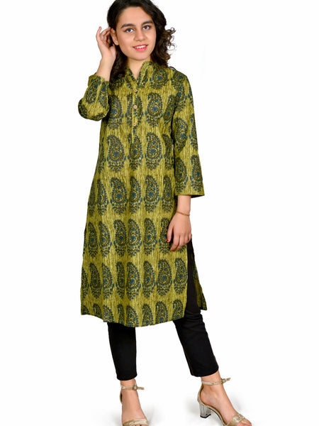 Green Printed Cotton Long Kurta for Women