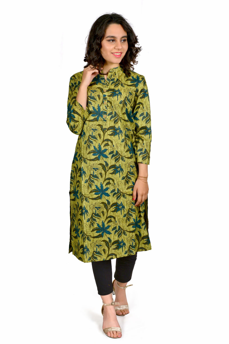 Green Printed Cotton Long Kurta for Women
