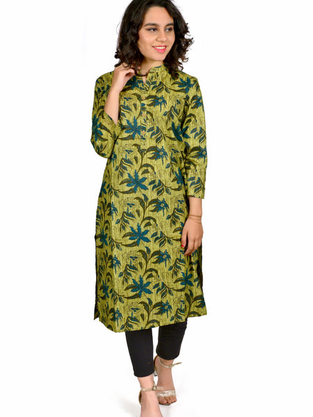 Green Printed Cotton Long Kurta for Women
