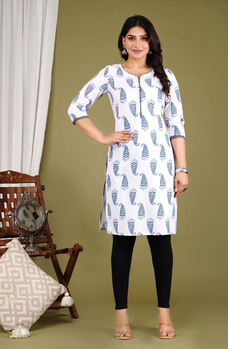 White Printed Cotton Long Kurta for Women