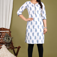 White Printed Cotton Long Kurta for Women