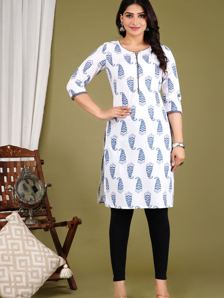 White Printed Cotton Long Kurta for Women