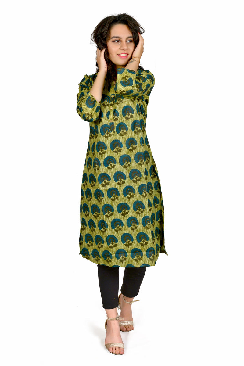 Women Olive Green Printed Cotton Kurta