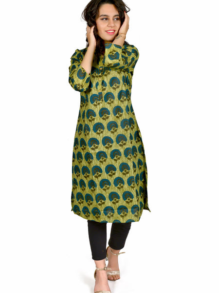 Women Olive Green Printed Cotton Kurta