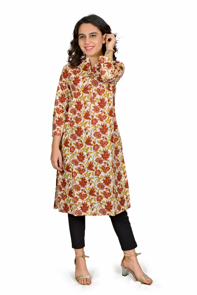 Off White Printed Cotton Long Kurta for Women
