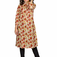 Off White Printed Cotton Long Kurta for Women