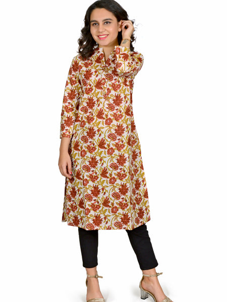 Off White Printed Cotton Long Kurta for Women
