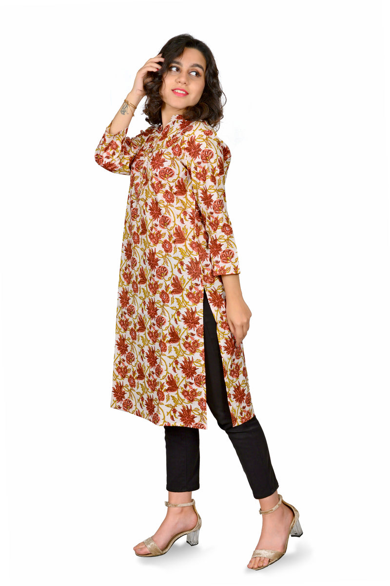 Off White Printed Cotton Long Kurta for Women