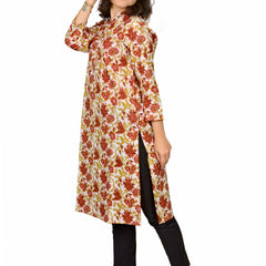 Off White Printed Cotton Long Kurta for Women