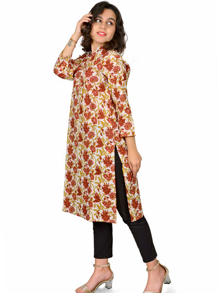 Off White Printed Cotton Long Kurta for Women