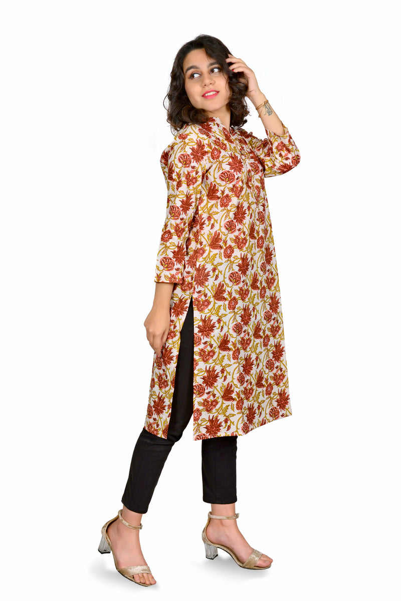 Off White Printed Cotton Long Kurta for Women