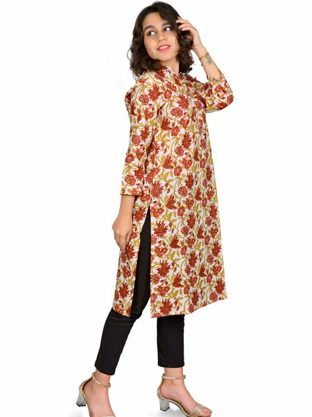 Off White Printed Cotton Long Kurta for Women