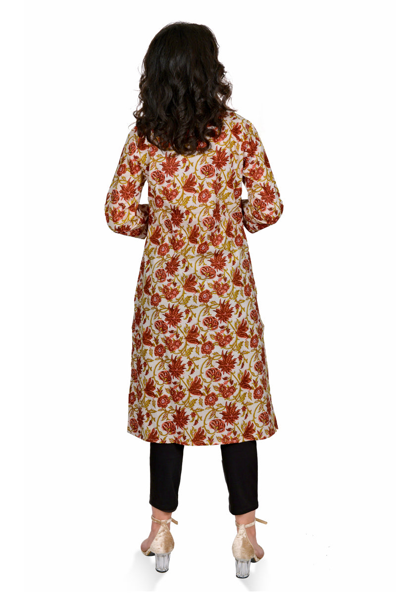 Off White Printed Cotton Long Kurta for Women