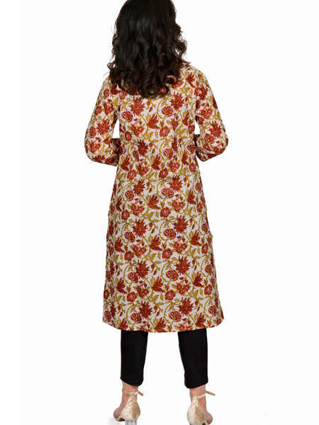 Off White Printed Cotton Long Kurta for Women