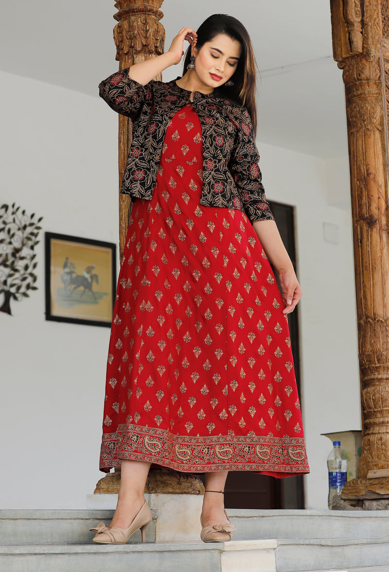 Red Printed Rayon Flared Dress for Women