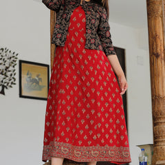 Red Printed Rayon Flared Dress for Women