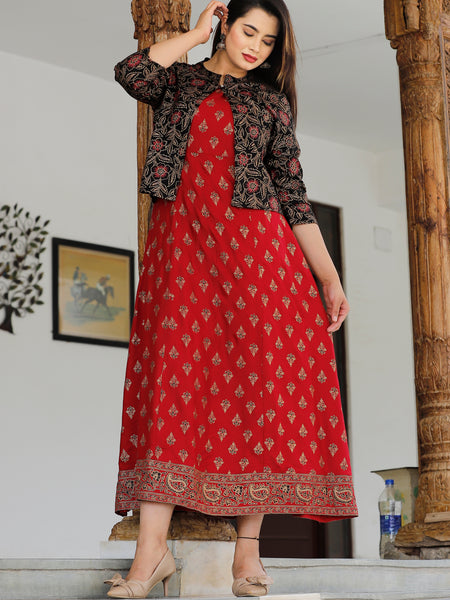 Red Printed Rayon Flared Dress for Women