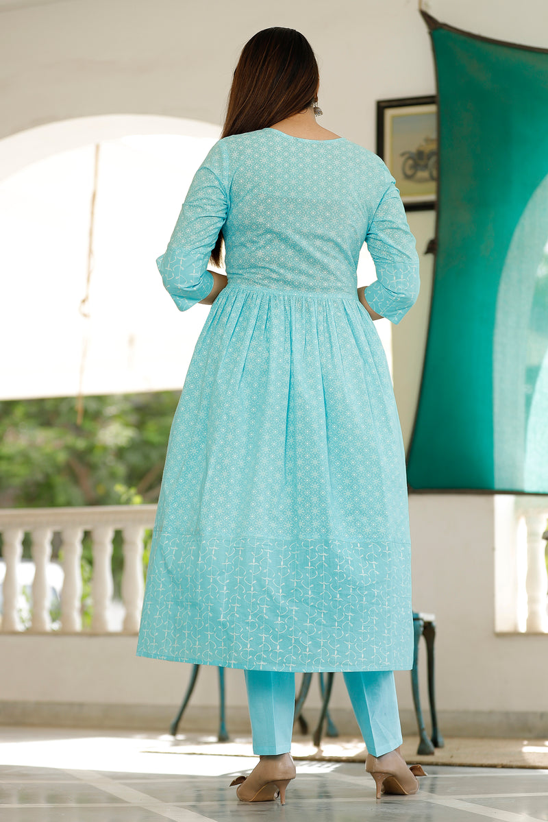 Sky Blue Printed Cotton Flared Dress for Women