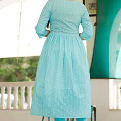 Sky Blue Printed Cotton Flared Dress for Women