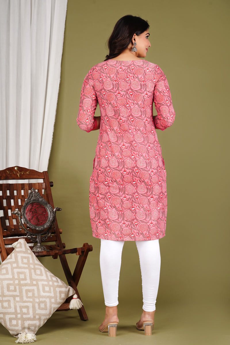 Pink Printed Cotton Long Kurta for Women