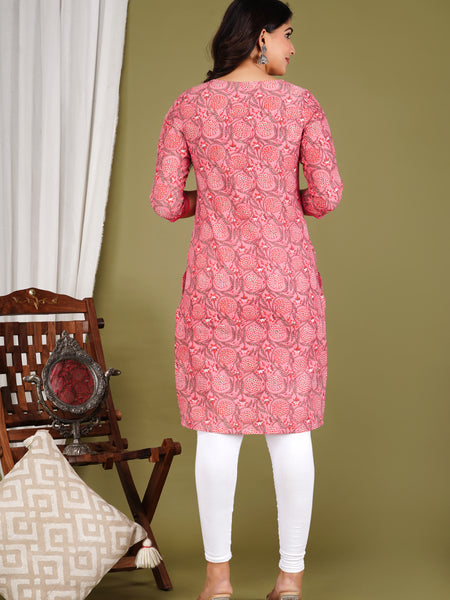 Pink Printed Cotton Long Kurta for Women