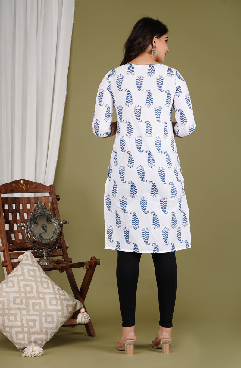 White Printed Cotton Long Kurta for Women