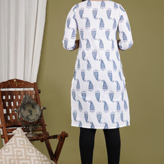 White Printed Cotton Long Kurta for Women