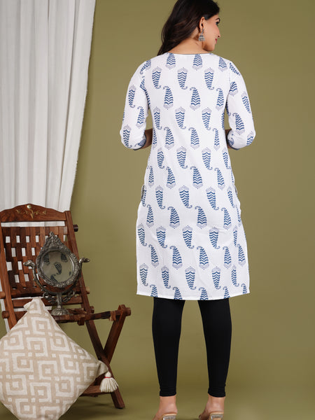 White Printed Cotton Long Kurta for Women