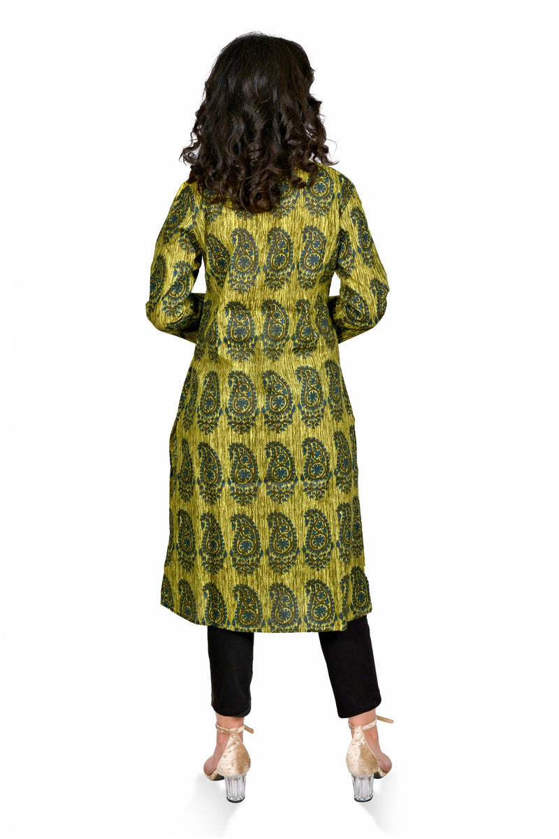 Green Printed Cotton Long Kurta for Women