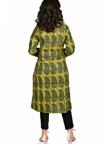 Green Printed Cotton Long Kurta for Women