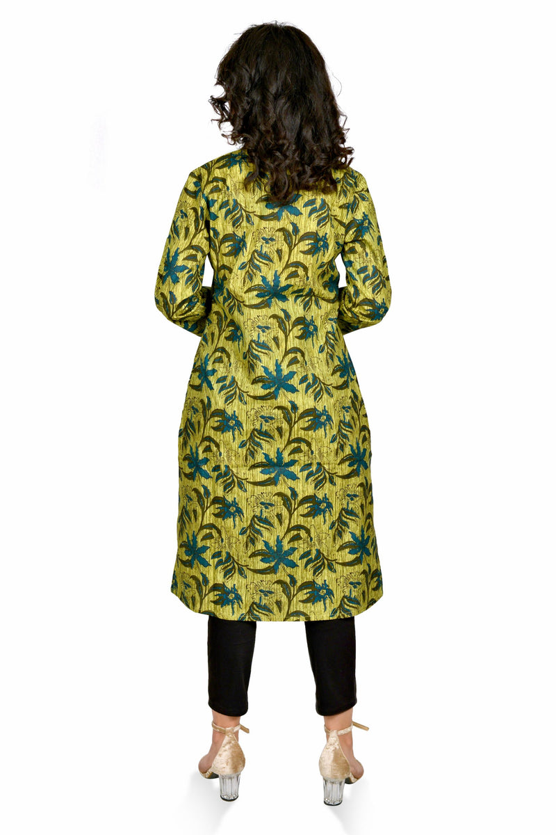 Green Printed Cotton Long Kurta for Women