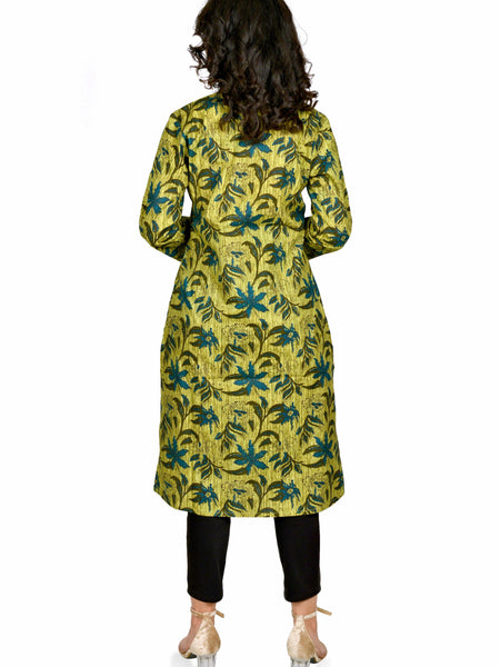 Green Printed Cotton Long Kurta for Women