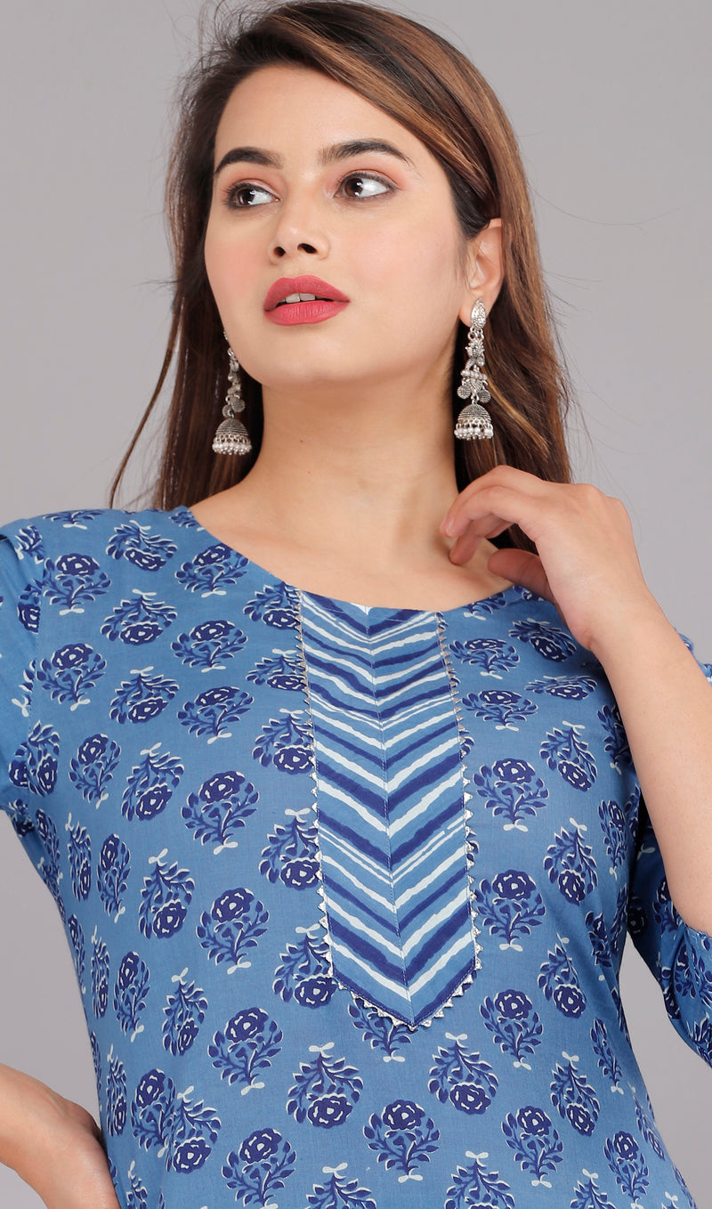 Blue Printed Cotton Kurta Set