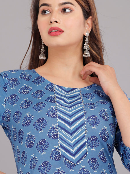 Blue Printed Cotton Kurta Set