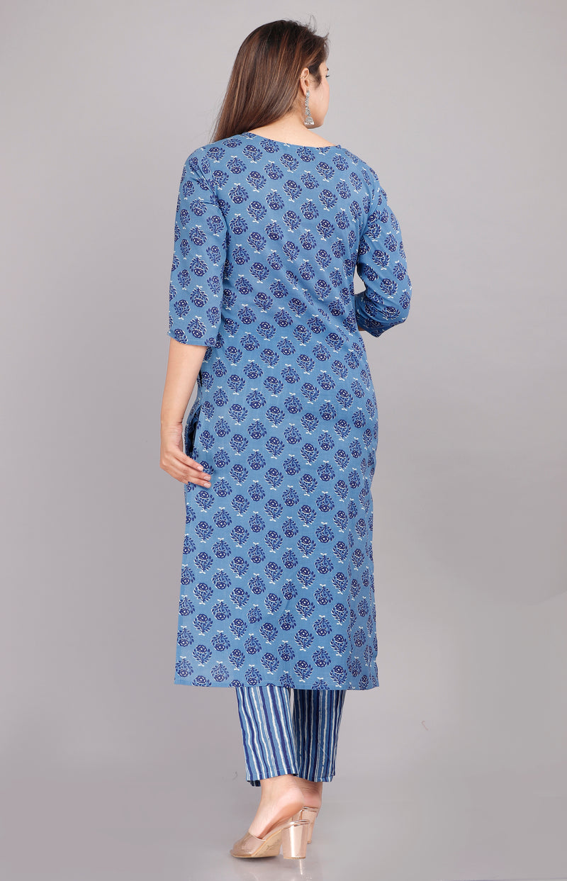 Blue Printed Cotton Kurta Set