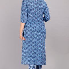 Blue Printed Cotton Kurta Set
