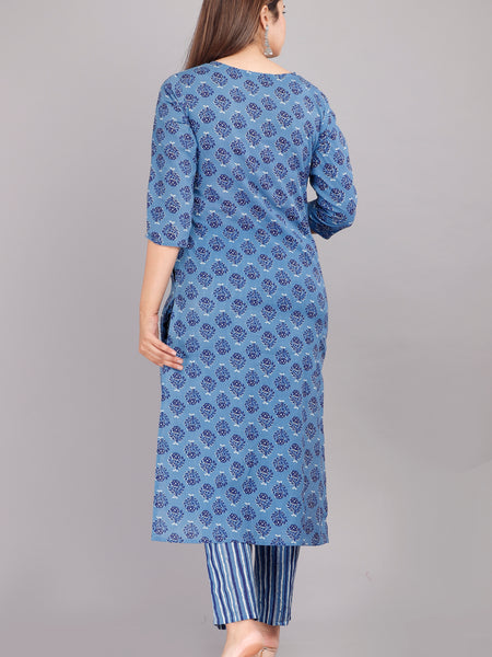 Blue Printed Cotton Kurta Set
