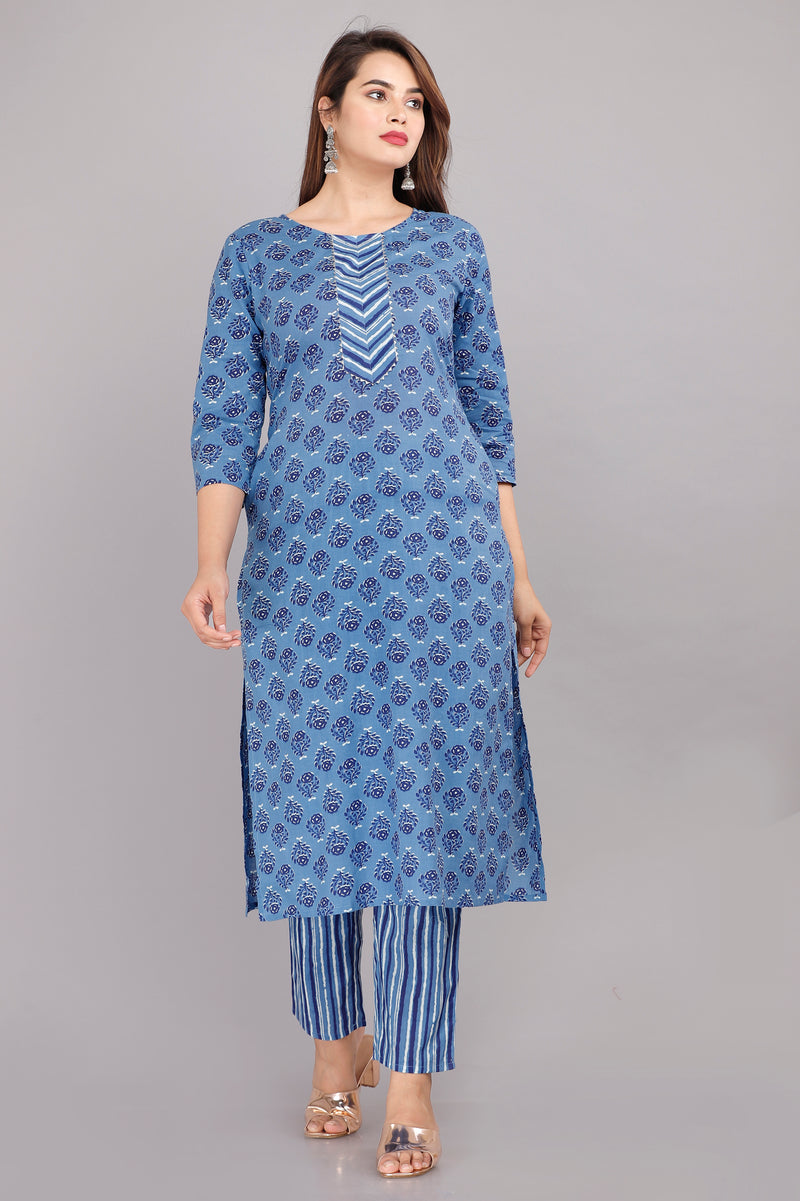 Blue Printed Cotton Kurta Set