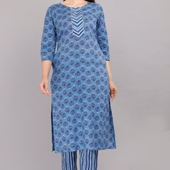 Blue Printed Cotton Kurta Set