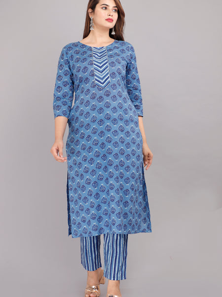 Blue Printed Cotton Kurta Set