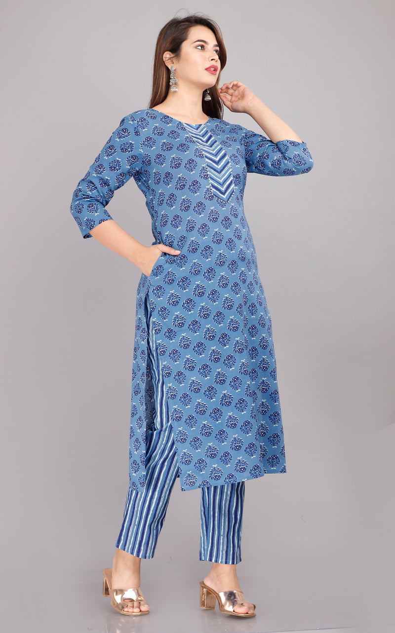 Blue Printed Cotton Kurta Set