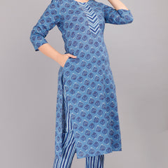 Blue Printed Cotton Kurta Set