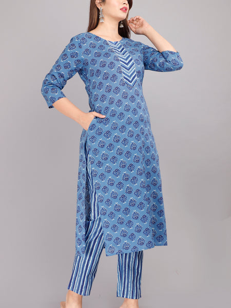 Blue Printed Cotton Kurta Set