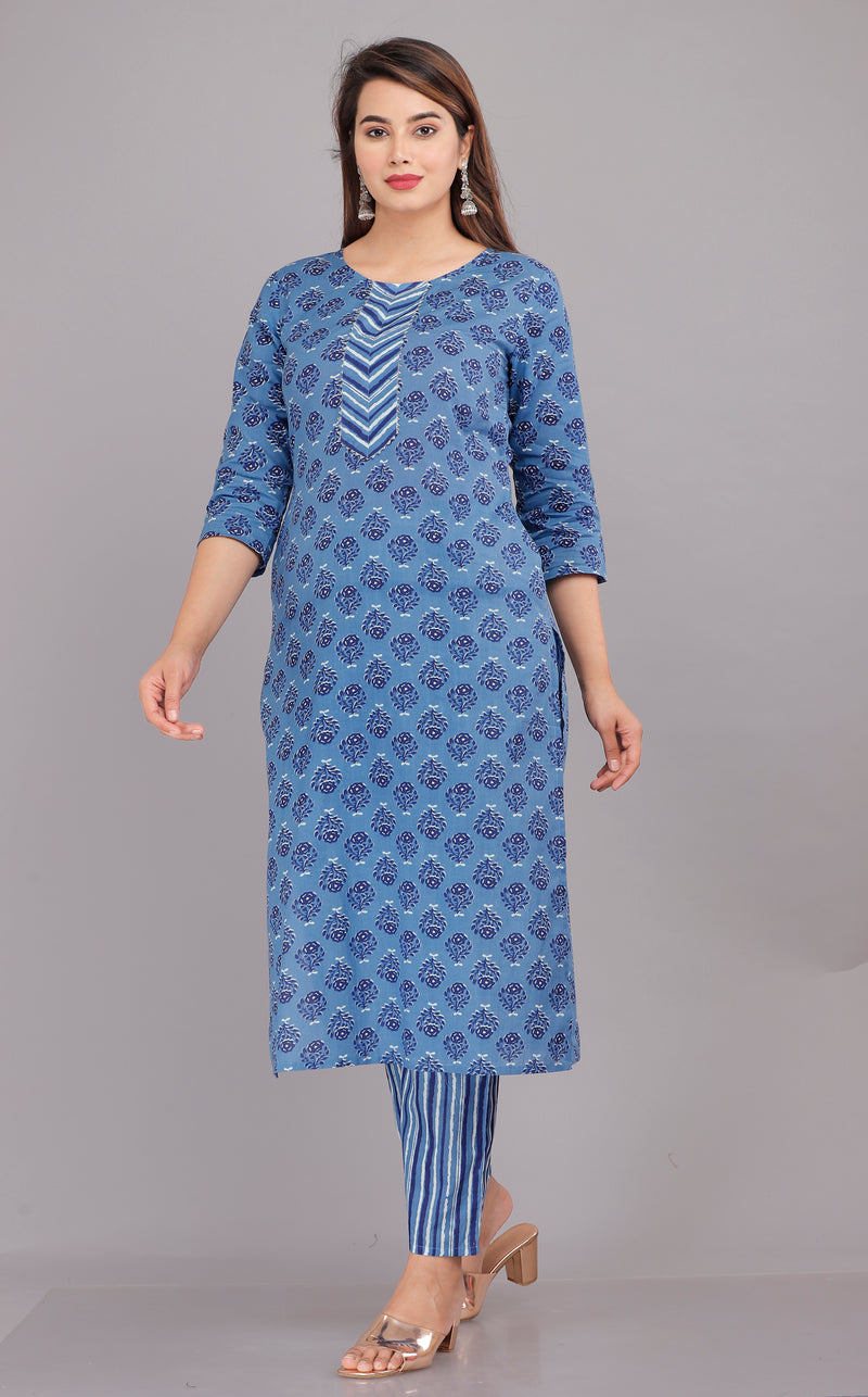 Blue Printed Cotton Kurta Set