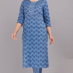 Blue Printed Cotton Kurta Set